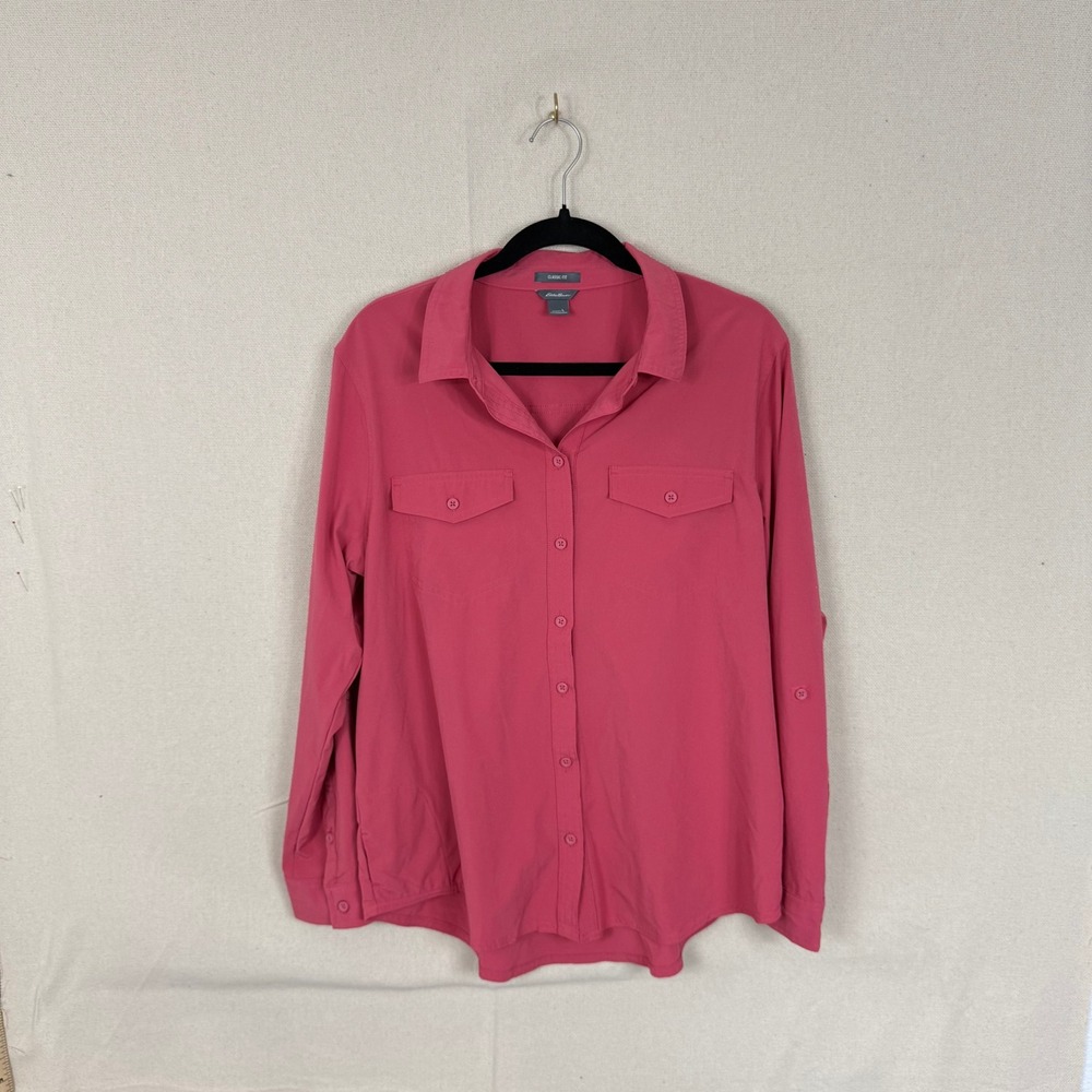 Eddie Bauer Classic Fit Women L Pink‎ Button Down Roll Tab Sleeve Hiking Shirt